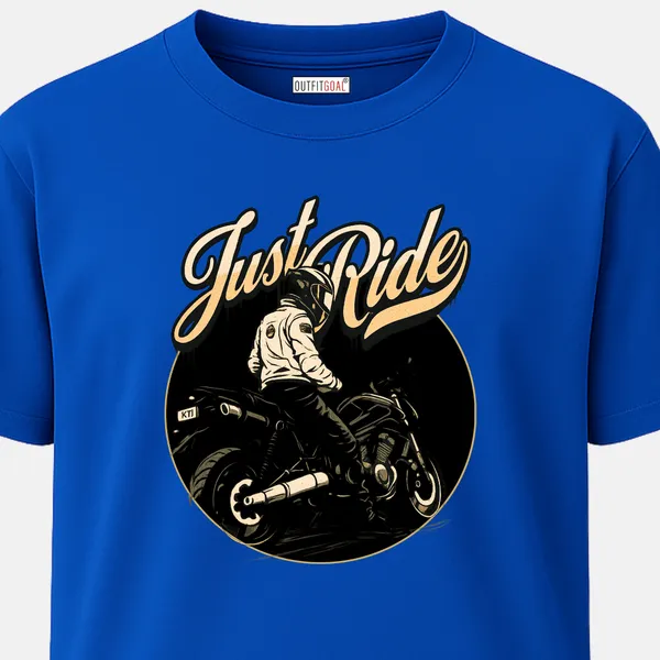 Outfitgoal_Regular_Unisex_Royal_Blue_Graphics_T-Shirt,_Rear-view_of_biker_on_sports_bike_under_bold_script_Just_Ride,_monochrome_retro_aesthetic._|_TRAVEL_MODE