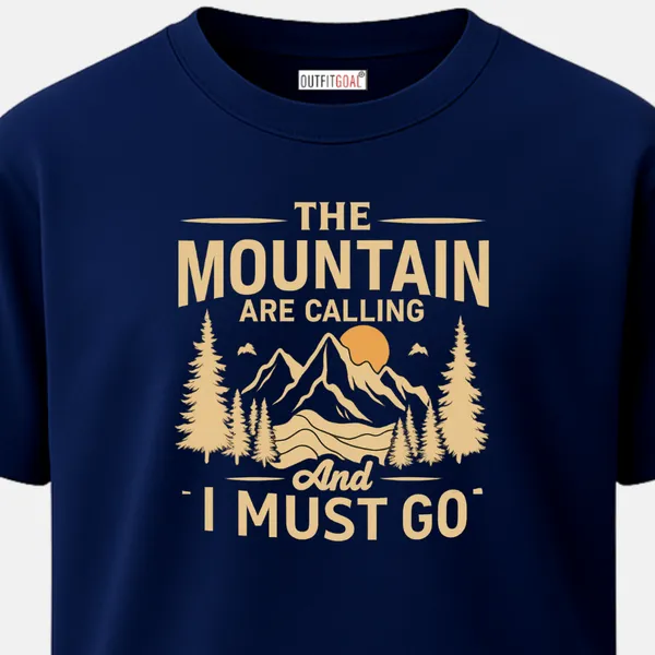 _Regular_Unisex_Navy_Graphics_T-Shirt,_Mountains_with_trees_setting_sun_the_mountain_are_calling_and_i_must_go_text_|_TRAVEL_MODE