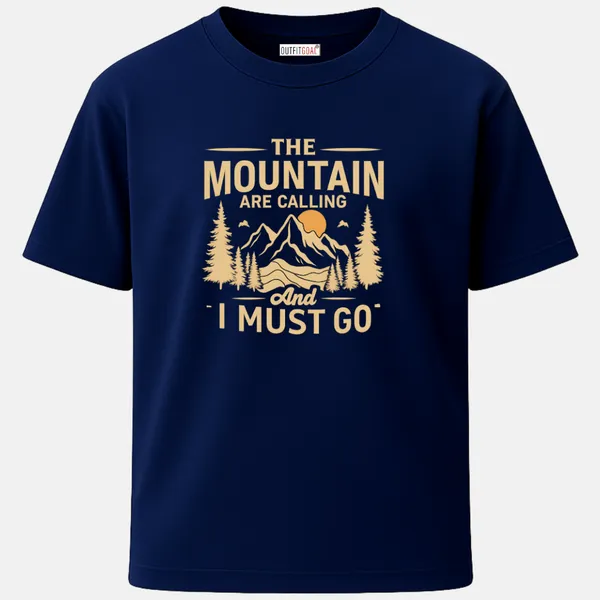 _Regular_Unisex_Navy_Graphics_T-Shirt,_Mountains_with_trees_setting_sun_the_mountain_are_calling_and_i_must_go_text_|_TRAVEL_MODE