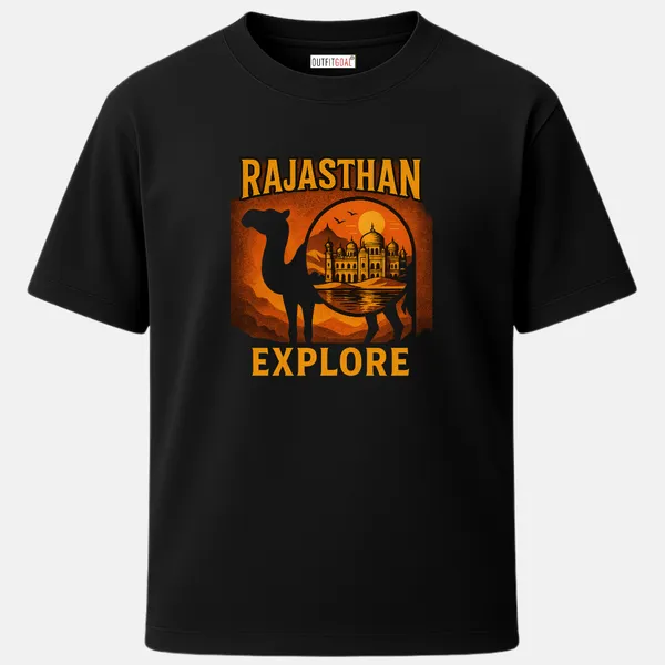 _Regular_Unisex_Black_Graphics_T-Shirt,_Camel_silhouette_with_palace_inside_rajasthan_explore_text_in_sunset_palette_|_TRAVEL_MODE