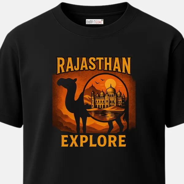 _Regular_Unisex_Black_Graphics_T-Shirt,_Camel_silhouette_with_palace_inside_rajasthan_explore_text_in_sunset_palette_|_TRAVEL_MODE