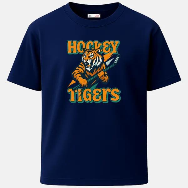 _Regular_Unisex_Navy_Graphics_T-Shirt,_Fierce_tiger_holding_hockey_stick_hockey_tigers_|_SPORTS_MODE