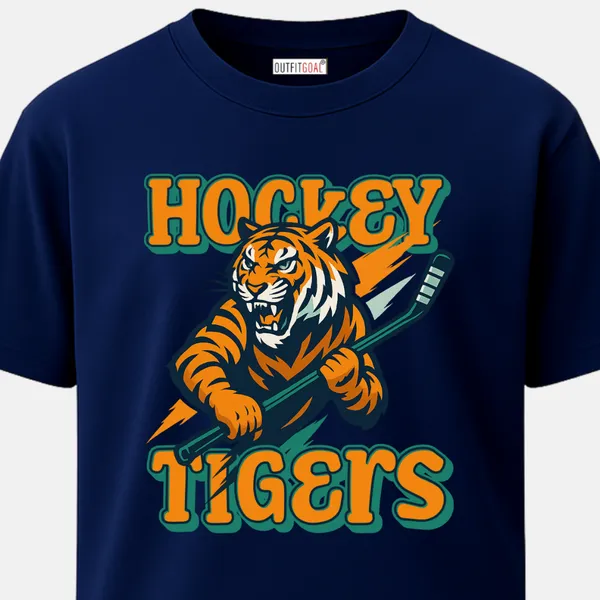 _Regular_Unisex_Navy_Graphics_T-Shirt,_Fierce_tiger_holding_hockey_stick_hockey_tigers_|_SPORTS_MODE