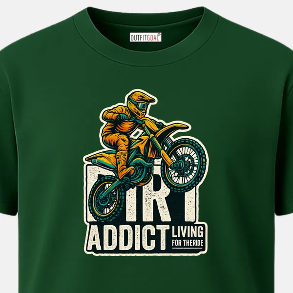 Outfitgoal_Regular_Unisex_Bottle_Green_Graphics_T-Shirt,_Off_road_biker_jumping_in_mid_air_above_bold_Dirt_Addict_Living_For_The_Ride_typography._|_TRAVEL_MODE