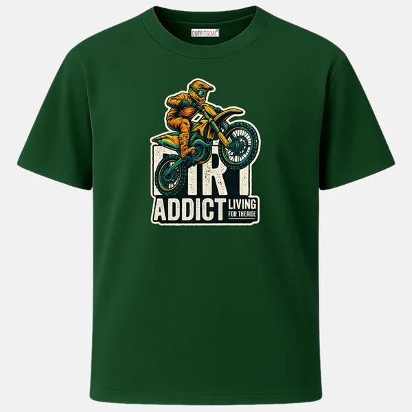 Outfitgoal_Regular_Unisex_Bottle_Green_Graphics_T-Shirt,_Off_road_biker_jumping_in_mid_air_above_bold_Dirt_Addict_Living_For_The_Ride_typography._|_TRAVEL_MODE
