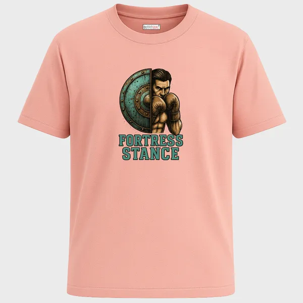_Regular_Unisex_Pink_Graphics_T-Shirt,_Boxer_defending_behind_metal_shield_rustic_art_style_|_SPORTS_MODE