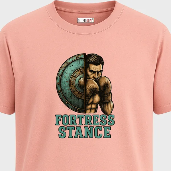 _Regular_Unisex_Pink_Graphics_T-Shirt,_Boxer_defending_behind_metal_shield_rustic_art_style_|_SPORTS_MODE