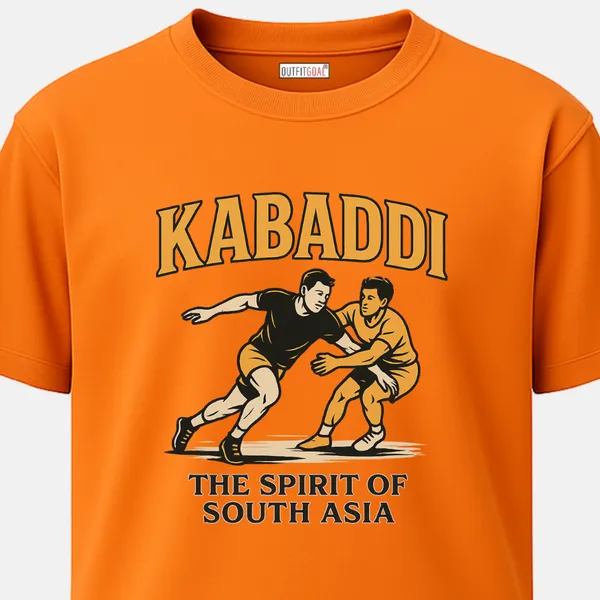 _Regular_Unisex_Bhagwa_Graphics_T-Shirt,_Two_kabaddi_athletes_facing_off_with_bold_text_the_spirit_of_south_asia_|_SPORTS_MODE