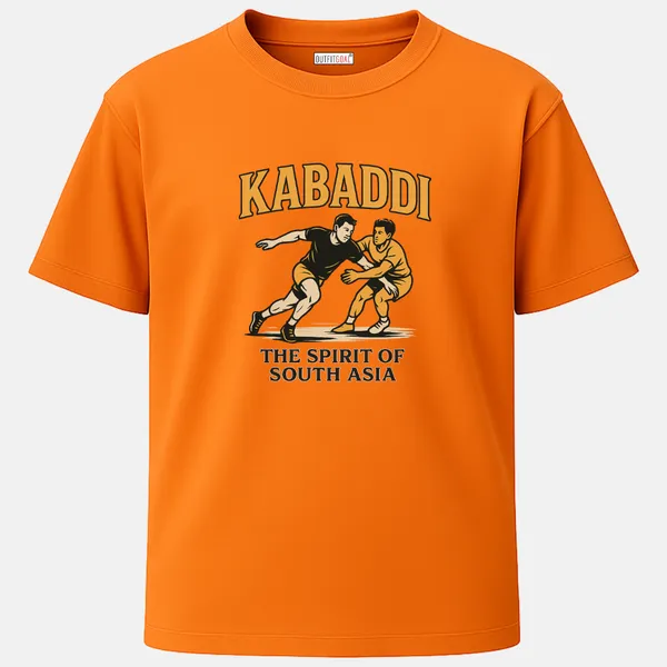 _Regular_Unisex_Bhagwa_Graphics_T-Shirt,_Two_kabaddi_athletes_facing_off_with_bold_text_the_spirit_of_south_asia_|_SPORTS_MODE
