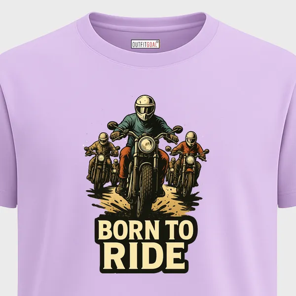 Outfitgoal_Regular_Unisex_Lavender_Graphics_T-Shirt,_Group_of_bikers_riding_forward_with_dust_trail_bold_Born_To_Ride_text_|_TRAVEL_MODE