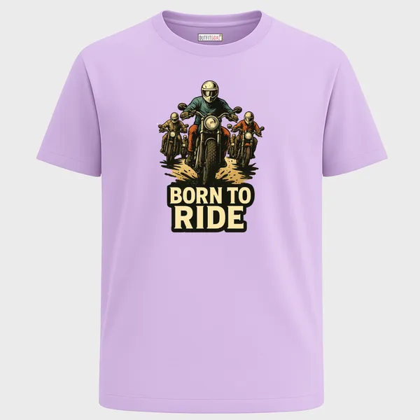 Outfitgoal_Regular_Unisex_Lavender_Graphics_T-Shirt,_Group_of_bikers_riding_forward_with_dust_trail_bold_Born_To_Ride_text_|_TRAVEL_MODE