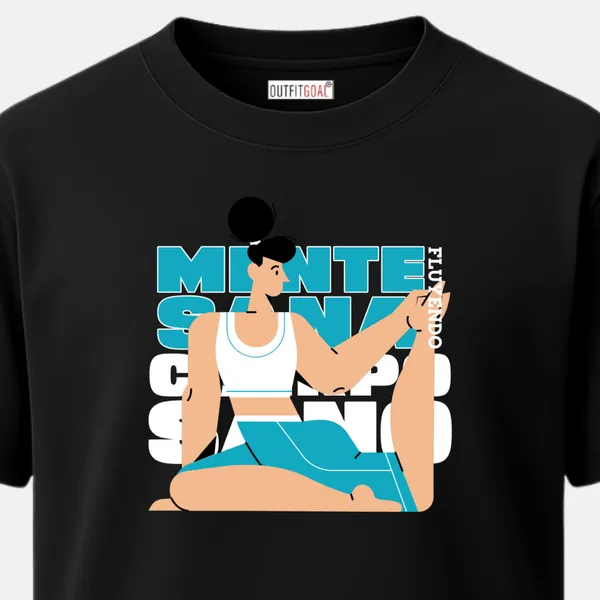 _Regular_Unisex_Black_Graphics_T-Shirt,_Stylized_art_of_person_stretching_in_yoga_pose_with_spanish_text_mente_sana_cuerpo_sano_|_SPORTS_MODE