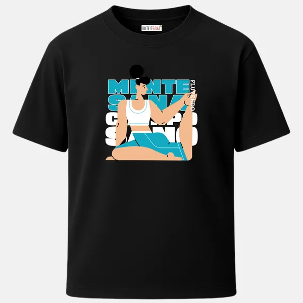 _Regular_Unisex_Black_Graphics_T-Shirt,_Stylized_art_of_person_stretching_in_yoga_pose_with_spanish_text_mente_sana_cuerpo_sano_|_SPORTS_MODE