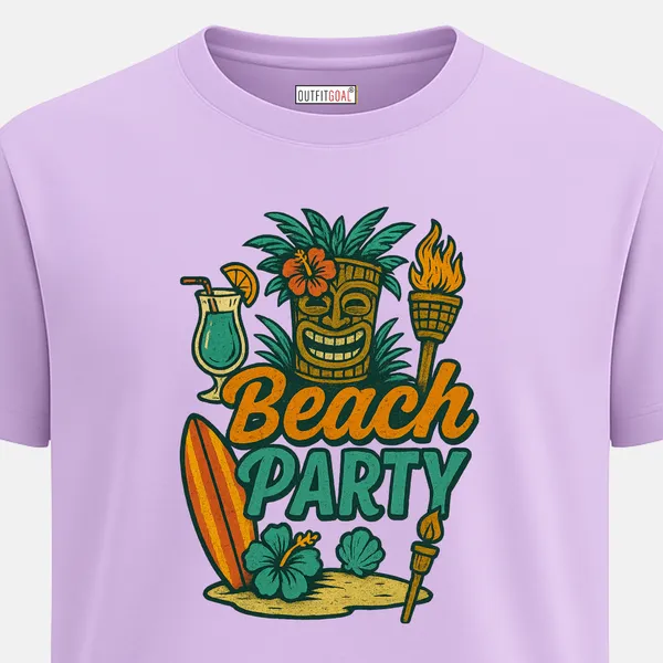 _Regular_Unisex_Lavender_Graphics_T-Shirt,_Cocktail_tiki_mask_surfboard_flowers_torches_text_beach_party_|_TRAVEL_MODE