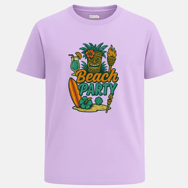 _Regular_Unisex_Lavender_Graphics_T-Shirt,_Cocktail_tiki_mask_surfboard_flowers_torches_text_beach_party_|_TRAVEL_MODE