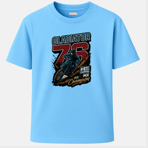 Outfitgoal_Regular_Unisex_Sky_Graphics_T-Shirt,_Motocross_racer_charging_through_dirt_with_large_Gladiator_76_MX_Champion_lettering._|_TRAVEL_MODE