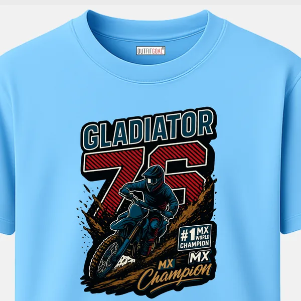 Outfitgoal_Regular_Unisex_Sky_Graphics_T-Shirt,_Motocross_racer_charging_through_dirt_with_large_Gladiator_76_MX_Champion_lettering._|_TRAVEL_MODE