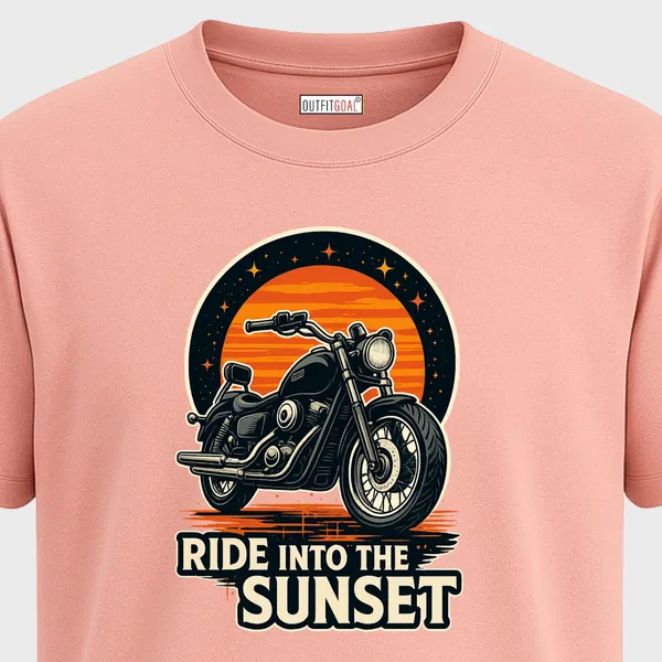 Outfitgoal_Regular_Unisex_Pink_Graphics_T-Shirt,_Cruiser_bike_in_front_of_glowing_sunset_circle_with_Ride_Into_The_Sunset_travel_text._|_TRAVEL_MODE