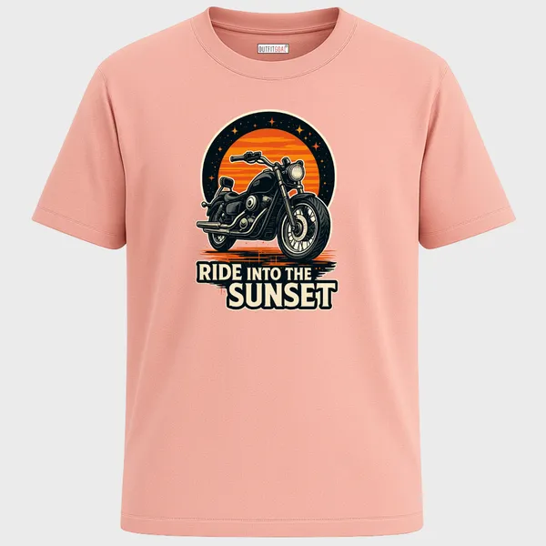 Outfitgoal_Regular_Unisex_Pink_Graphics_T-Shirt,_Cruiser_bike_in_front_of_glowing_sunset_circle_with_Ride_Into_The_Sunset_travel_text._|_TRAVEL_MODE