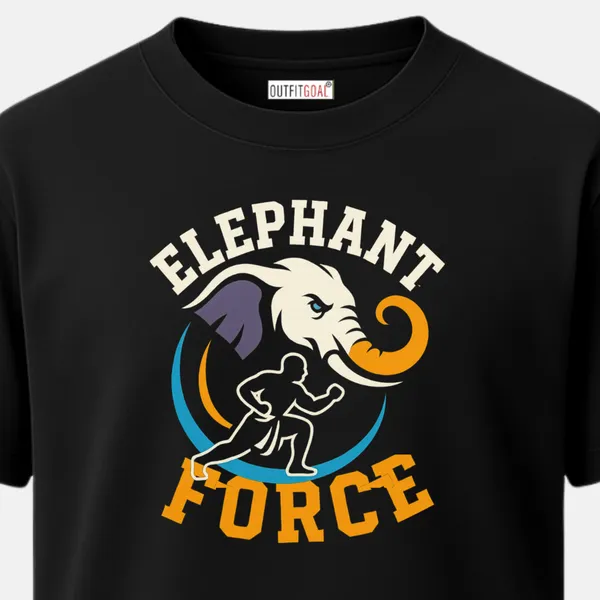 _Regular_Unisex_Black_Graphics_T-Shirt,_Majestic_elephant_head_above_charging_fighter_text_elephant_force_|_SPORTS_MODE