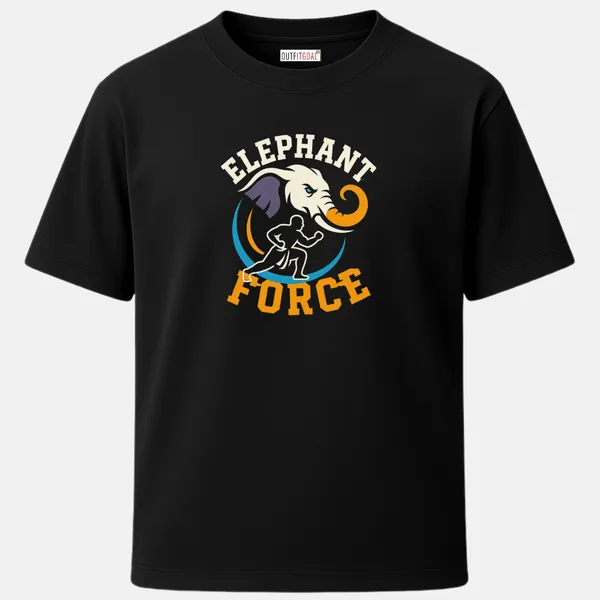 _Regular_Unisex_Black_Graphics_T-Shirt,_Majestic_elephant_head_above_charging_fighter_text_elephant_force_|_SPORTS_MODE