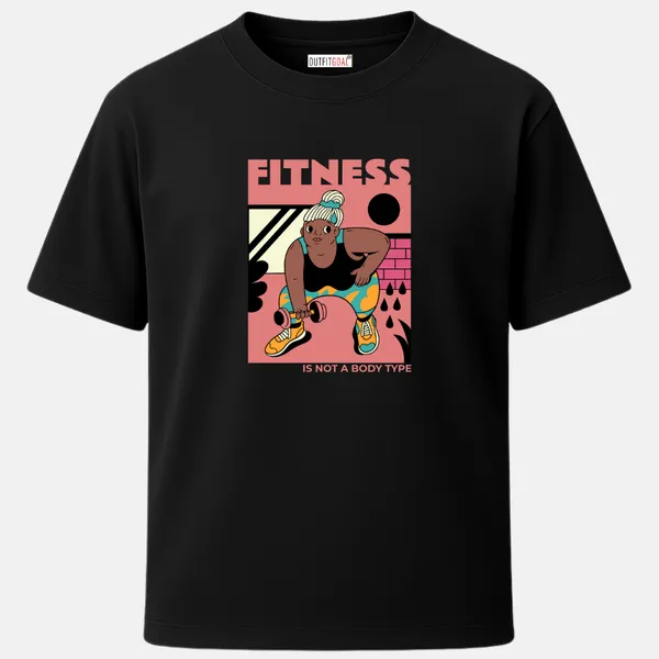 _Regular_Unisex_Black_Graphics_T-Shirt,_Plus_size_athlete_lifting_dumbbells_text_fitness_is_not_a_body_type_|_SPORTS_MODE