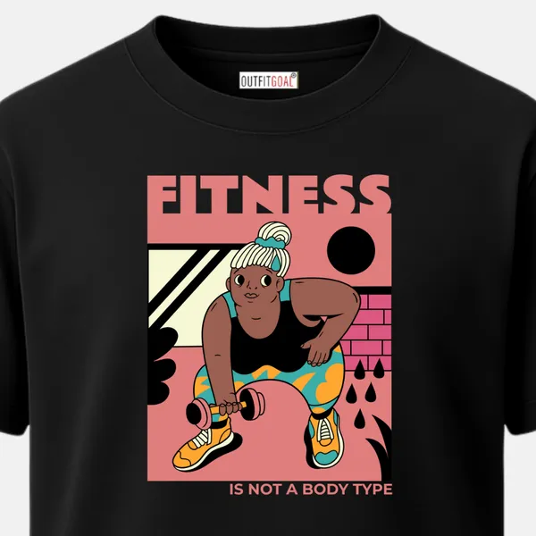 _Regular_Unisex_Black_Graphics_T-Shirt,_Plus_size_athlete_lifting_dumbbells_text_fitness_is_not_a_body_type_|_SPORTS_MODE