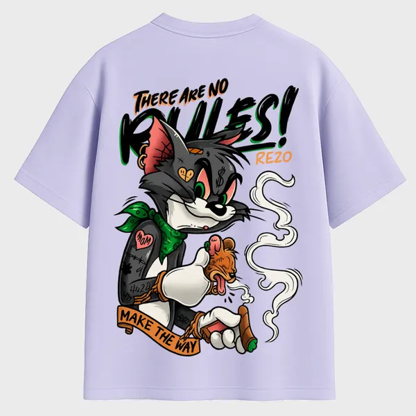 _Oversize_Unisex_Lavender_Graphics_T-Shirt,_cartoon_style_tom_and_jerry_parody_with_text_there_are_no_rules_rezo_make_the_way_grunge_comic_art_|_GRAPHICS_MODE