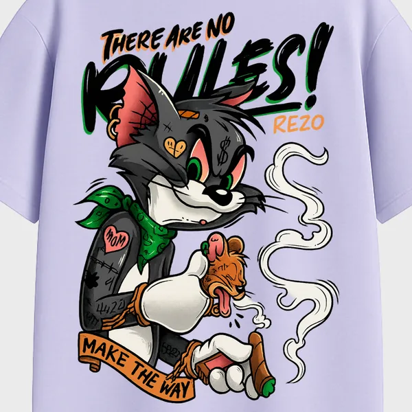 _Oversize_Unisex_Lavender_Graphics_T-Shirt,_cartoon_style_tom_and_jerry_parody_with_text_there_are_no_rules_rezo_make_the_way_grunge_comic_art_|_GRAPHICS_MODE