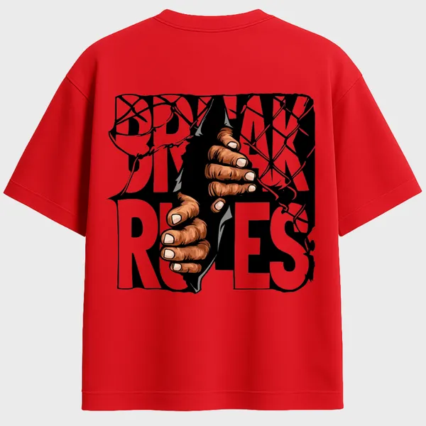 _Oversize_Unisex_Red_Graphics_T-Shirt,_cracked_wireframe_background_clenched_fist_tearing_through_letters_break_rules_bold_rebellion_art_|_GRAPHICS_MODE