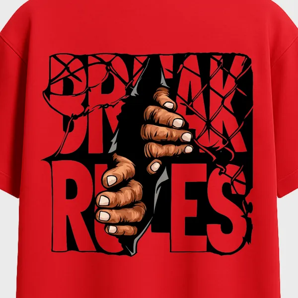 _Oversize_Unisex_Red_Graphics_T-Shirt,_cracked_wireframe_background_clenched_fist_tearing_through_letters_break_rules_bold_rebellion_art_|_GRAPHICS_MODE