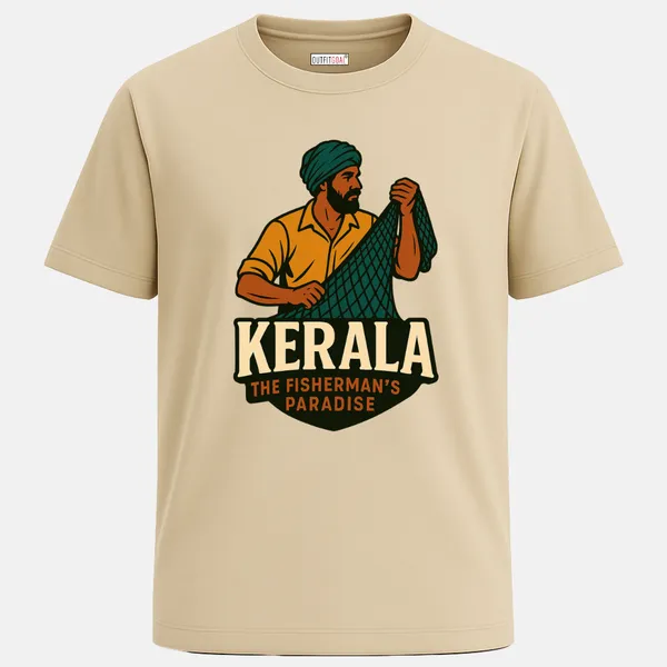 _Regular_Unisex_Beige_Graphics_T-Shirt,_Retro_travel_graphic_featuring_a_Kerala_fisherman_in_turban_and_shirt_holding_a_fishing_net_above_strong_KERALA_THE_FISHERMAN’S_PARADISE_lettering._|_TRAVEL_MODE