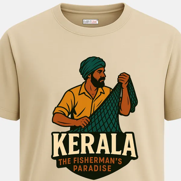 _Regular_Unisex_Beige_Graphics_T-Shirt,_Retro_travel_graphic_featuring_a_Kerala_fisherman_in_turban_and_shirt_holding_a_fishing_net_above_strong_KERALA_THE_FISHERMAN’S_PARADISE_lettering._|_TRAVEL_MODE
