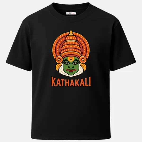 _Regular_Unisex_Black_Graphics_T-Shirt,_Close-up_Kathakali_dancer_face_with_green_makeup_and_elaborate_orange_headdress,_text_KATHAKALI_below,_clean_bold_cultural_icon_illustration._|_TRAVEL_MODE