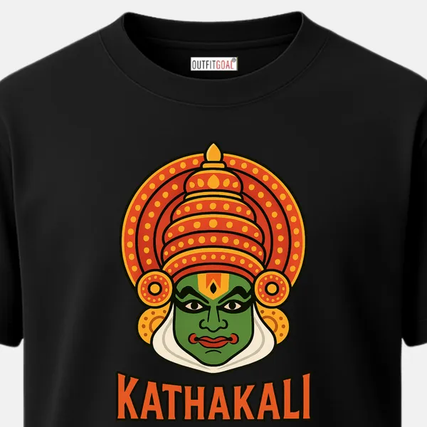 _Regular_Unisex_Black_Graphics_T-Shirt,_Close-up_Kathakali_dancer_face_with_green_makeup_and_elaborate_orange_headdress,_text_KATHAKALI_below,_clean_bold_cultural_icon_illustration._|_TRAVEL_MODE
