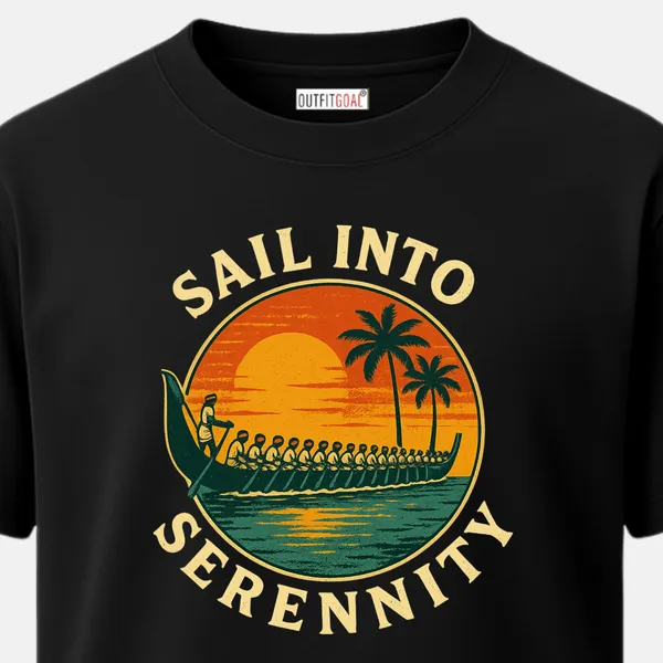 _Regular_Unisex_Black_Graphics_T-Shirt,_Long_traditional_boat_with_a_row_of_paddlers_gliding_on_calm_backwaters_at_sunset_with_palm_trees_in_the_background,_curved_text_SAIL_INTO_SERENITY_framing_the_scene,_vintage_travel-poster_illustration_style._|_TRAVEL_MODE