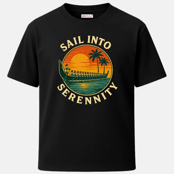 _Regular_Unisex_Black_Graphics_T-Shirt,_Long_traditional_boat_with_a_row_of_paddlers_gliding_on_calm_backwaters_at_sunset_with_palm_trees_in_the_background,_curved_text_SAIL_INTO_SERENITY_framing_the_scene,_vintage_travel-poster_illustration_style._|_TRAVEL_MODE