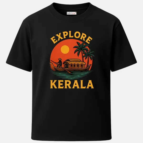 _Regular_Unisex_Black_Graphics_T-Shirt,_Vintage-style_illustration_of_a_Kerala_houseboat_gliding_across_calm_backwaters_at_sunset,_framed_by_tall_palm_trees_and_bold_EXPLORE_KERALA_travel_typography._|_TRAVEL_MODE