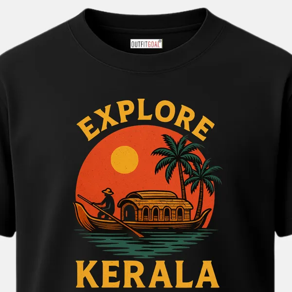 _Regular_Unisex_Black_Graphics_T-Shirt,_Vintage-style_illustration_of_a_Kerala_houseboat_gliding_across_calm_backwaters_at_sunset,_framed_by_tall_palm_trees_and_bold_EXPLORE_KERALA_travel_typography._|_TRAVEL_MODE