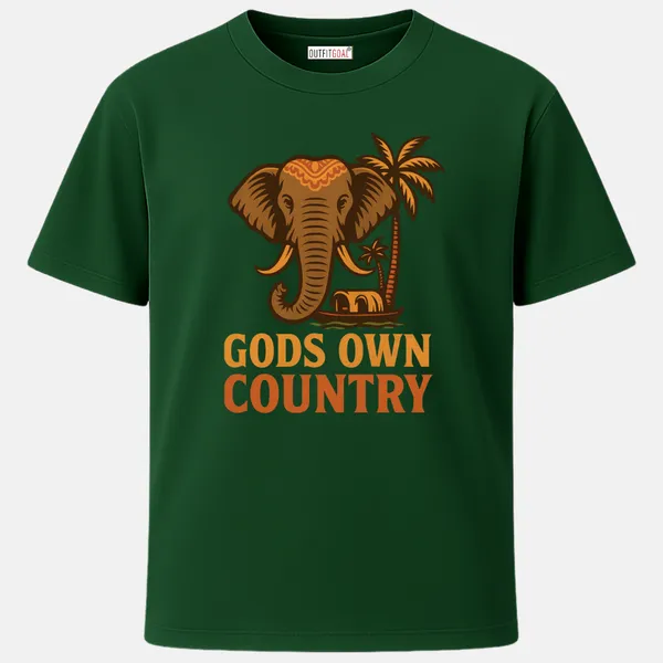 _Regular_Unisex_Bottle_Green_Graphics_T-Shirt,_Decorated_elephant_head_with_palm_trees_and_a_Kerala_houseboat_beneath,_paired_with_block_text_GODS_OWN_COUNTRY,_earthy_toned_heritage_travel_graphic._|_TRAVEL_MODE