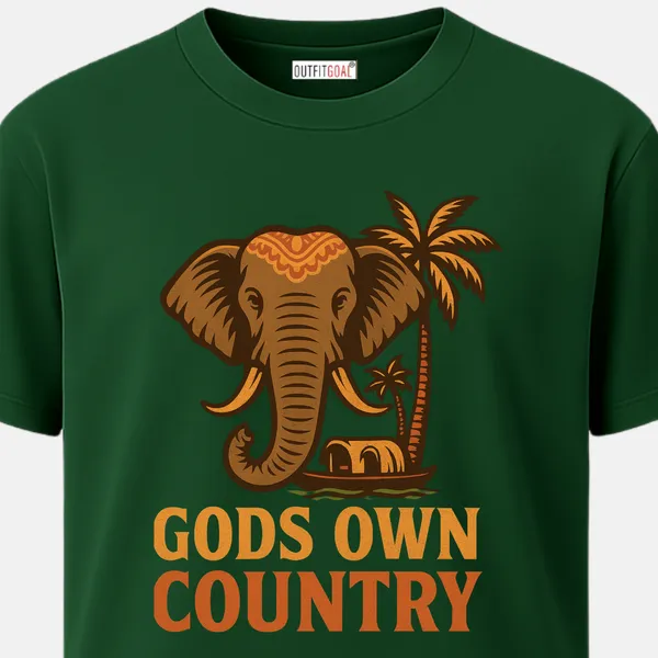 _Regular_Unisex_Bottle_Green_Graphics_T-Shirt,_Decorated_elephant_head_with_palm_trees_and_a_Kerala_houseboat_beneath,_paired_with_block_text_GODS_OWN_COUNTRY,_earthy_toned_heritage_travel_graphic._|_TRAVEL_MODE