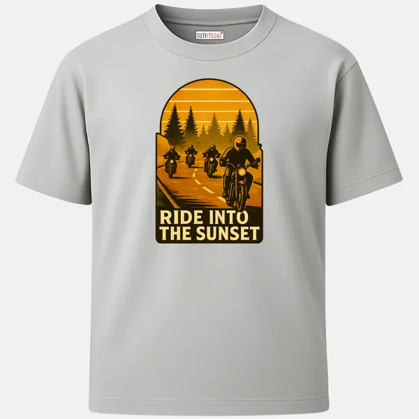 Outfitgoal_Regular_Unisex_Grey_Graphics_T-Shirt,_Group_of_bikers_riding_on_a_forest_road_at_sunset_warm_retro_travel_graphic_|_TRAVEL_MODE