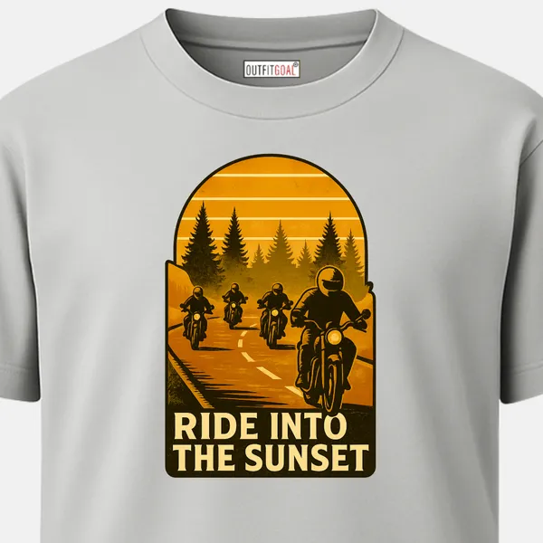 Outfitgoal_Regular_Unisex_Grey_Graphics_T-Shirt,_Group_of_bikers_riding_on_a_forest_road_at_sunset_warm_retro_travel_graphic_|_TRAVEL_MODE