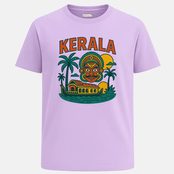 _Regular_Unisex_Lavender_Graphics_T-Shirt,_Dramatic_Kathakali_style_face_above_a_traditional_Kerala_houseboat_on_wavy_waters_with_palm_trees_and_twin_suns,_large_text__KERALA,_bold_graphic_folk_art_look._|_TRAVEL_MODE