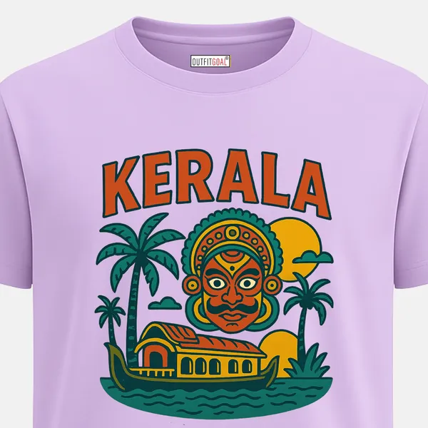_Regular_Unisex_Lavender_Graphics_T-Shirt,_Dramatic_Kathakali_style_face_above_a_traditional_Kerala_houseboat_on_wavy_waters_with_palm_trees_and_twin_suns,_large_text__KERALA,_bold_graphic_folk_art_look._|_TRAVEL_MODE