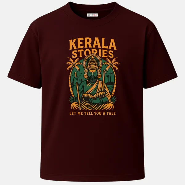 _Regular_Unisex_Maroon_Graphics_T-Shirt,_Bearded_sage_or_storyteller_in_ornate_Kerala_headgear_reading_a_book,_framed_by_palms_and_sea_within_an_oval,_headline_KERALA_STORIES_and_caption_LET_ME_TELL_YOU_A_TALE,_bold_narrative_graphic_style._|_TRAVEL_MODE