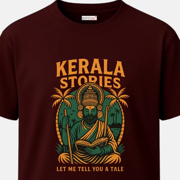 _Regular_Unisex_Maroon_Graphics_T-Shirt,_Bearded_sage_or_storyteller_in_ornate_Kerala_headgear_reading_a_book,_framed_by_palms_and_sea_within_an_oval,_headline_KERALA_STORIES_and_caption_LET_ME_TELL_YOU_A_TALE,_bold_narrative_graphic_style._|_TRAVEL_MODE