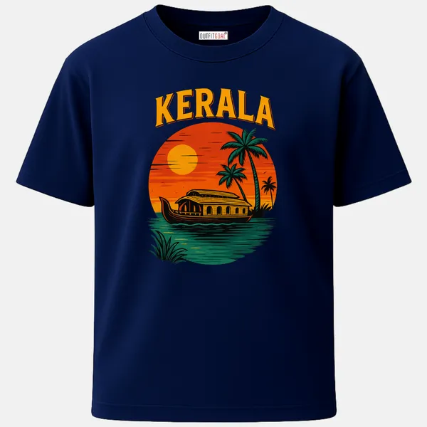 _Regular_Unisex_Navy_Graphics_T-Shirt,_Kerala_houseboat_sailing_across_teal_waters_in_front_of_a_huge_orange_sunset_circle_with_silhouetted_palms,_bold_KERALA_title,_worn_vintage_travel_graphic_style._|_TRAVEL_MODE