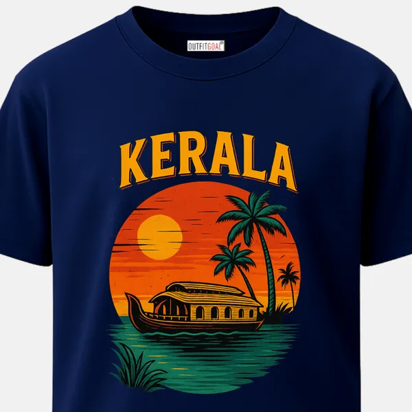 _Regular_Unisex_Navy_Graphics_T-Shirt,_Kerala_houseboat_sailing_across_teal_waters_in_front_of_a_huge_orange_sunset_circle_with_silhouetted_palms,_bold_KERALA_title,_worn_vintage_travel_graphic_style._|_TRAVEL_MODE