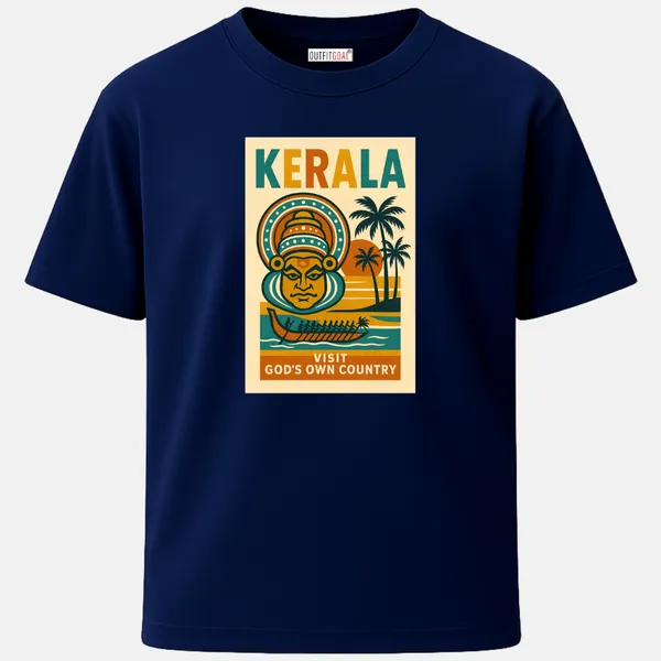 _Regular_Unisex_Navy_Graphics_T-Shirt,_Poster_style_layout_with_Kathakali_head,_rowing_snake_boat_and_palm-lined_shoreline_under_an_orange_sun,_upper_text_KERALA_and_lower_tagline_VISIT_GOD’S_OWN_COUNTRY,_flat_retro_tourism_poster_feel._|_TRAVEL_MODE